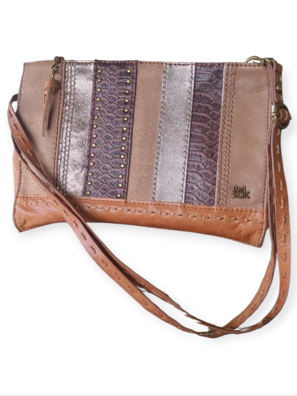 The Sak Patchwork Leather Crossbody • Tan & Metallic Bronze • Like New Condition